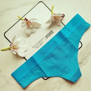 NWT PINK VICTORIA'S SECRET SCRIPT ELASTIC LOGO THONG PANTY IN BRIGHT MARINE SMAL